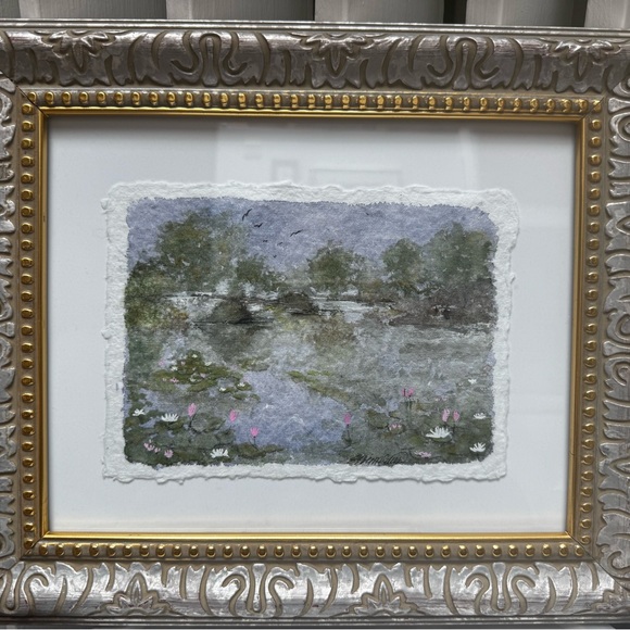 Original Framed Watercolor Landscape with Lilies